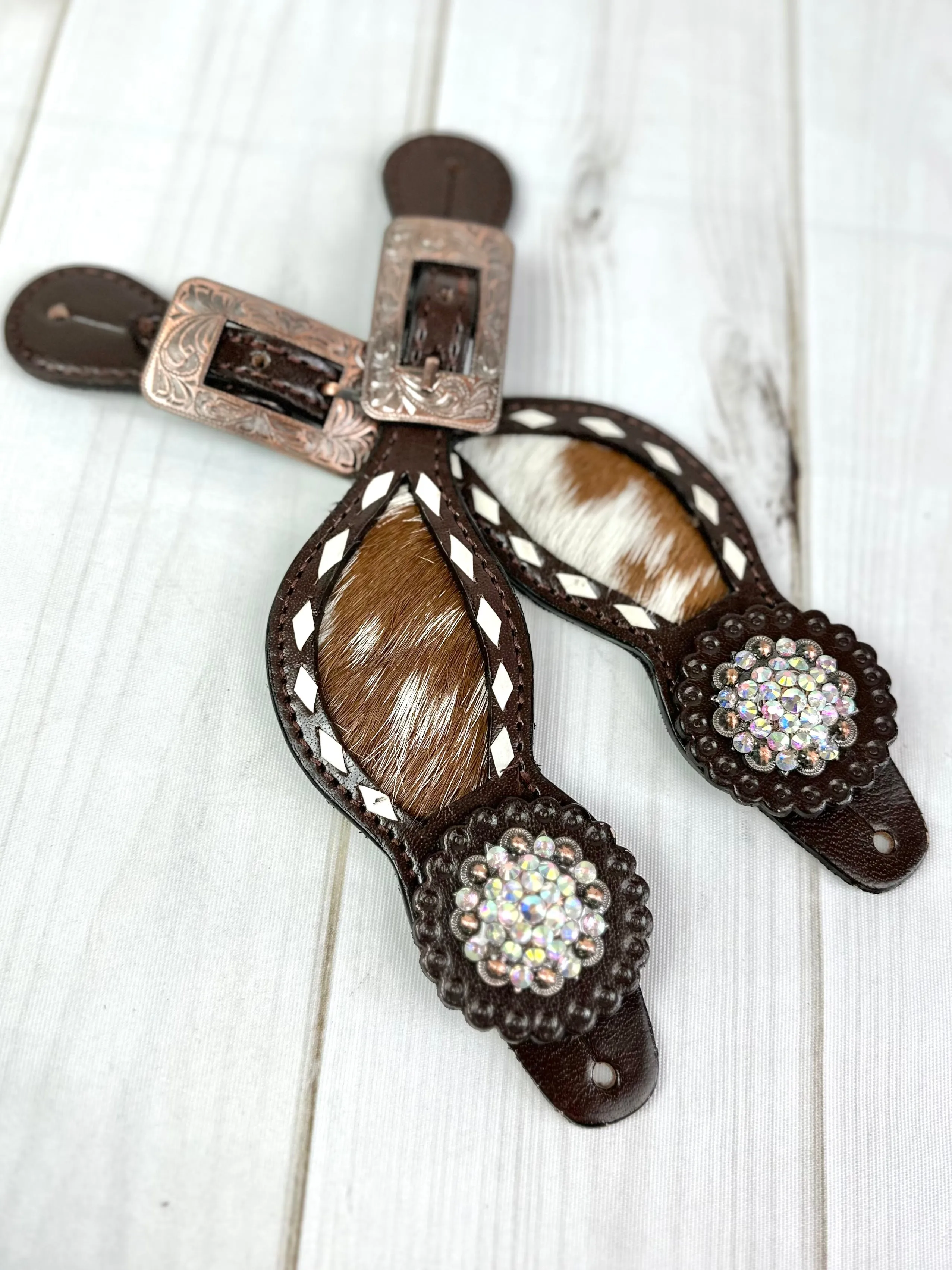 Rhinestone Concho Dark Leather and Cowhide Spur Straps