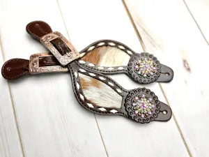 Rhinestone Concho Dark Leather and Cowhide Spur Straps