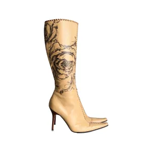 Roberto Cavalli Tan Floral Leather Boot