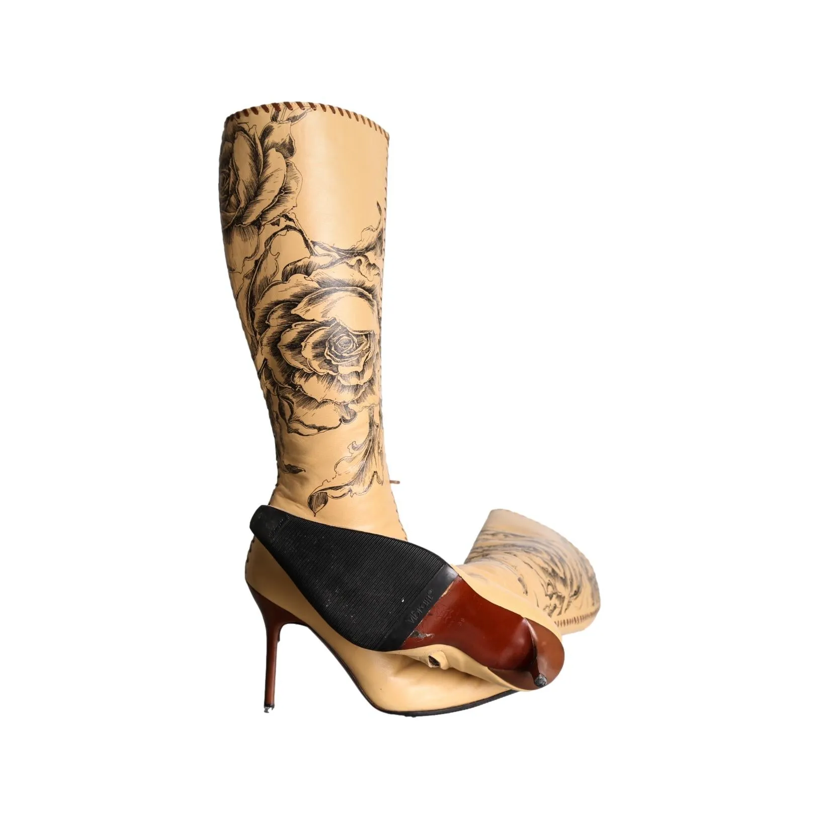 Roberto Cavalli Tan Floral Leather Boot