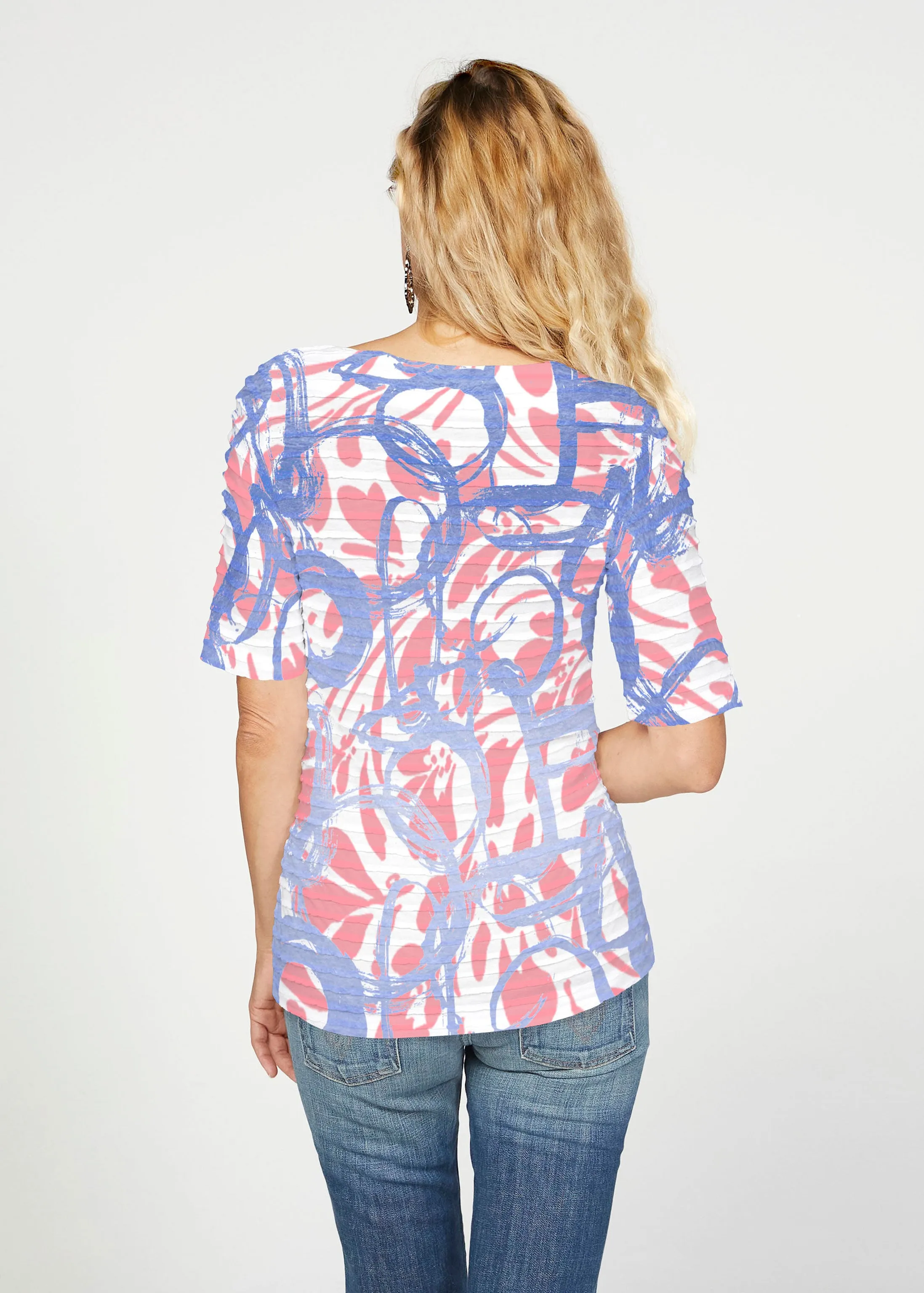 Round About Perri (16253) ~ Banded Elbow Sleeve Boat Neck Top