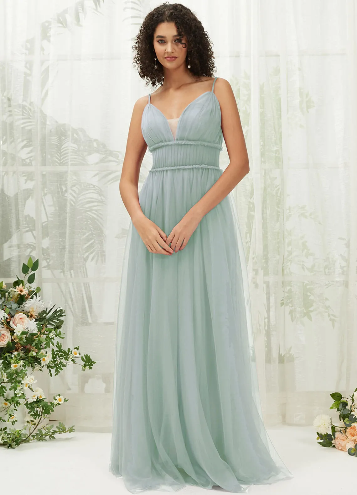 Sage Green Tulle Backless Pleated Pocket Floor Length Bridesmaid Dresses