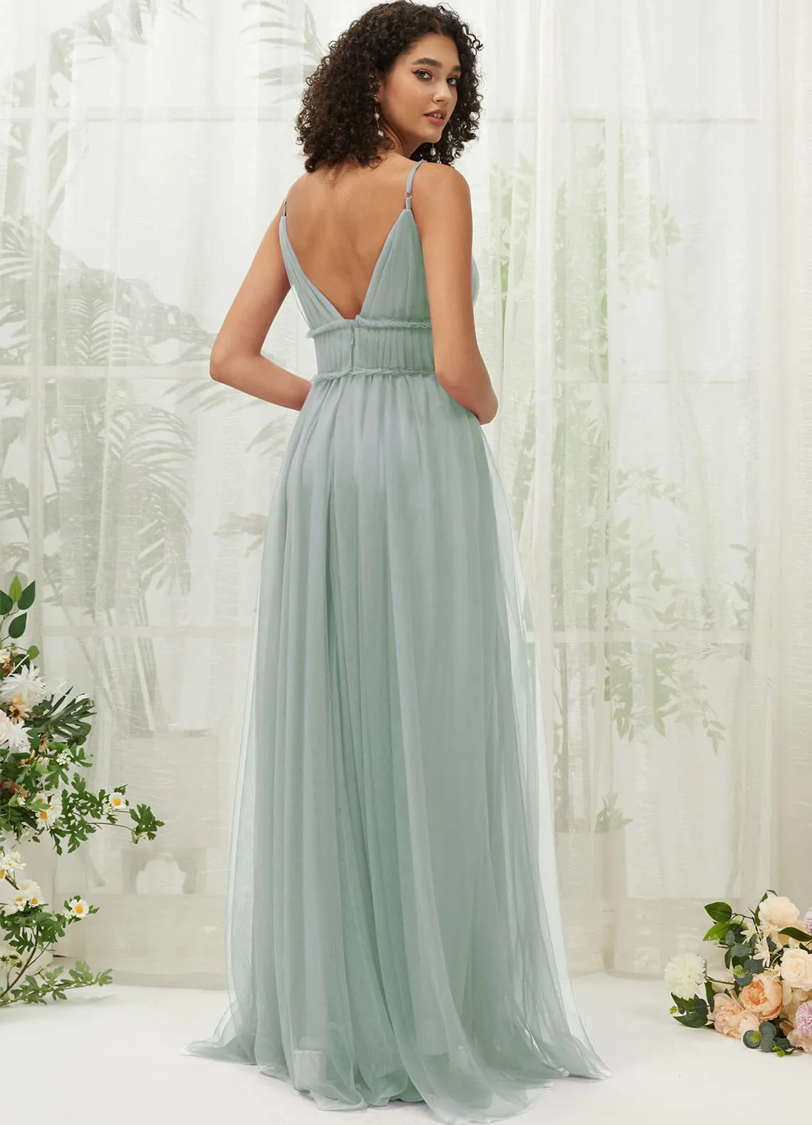 Sage Green Tulle Backless Pleated Pocket Floor Length Bridesmaid Dresses