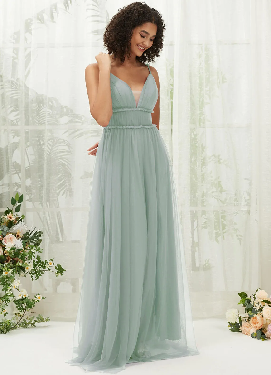 Sage Green Tulle Backless Pleated Pocket Floor Length Bridesmaid Dresses