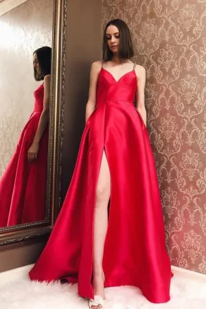 Satin Red Evening Dress Formal Wear Gown with Double Straps