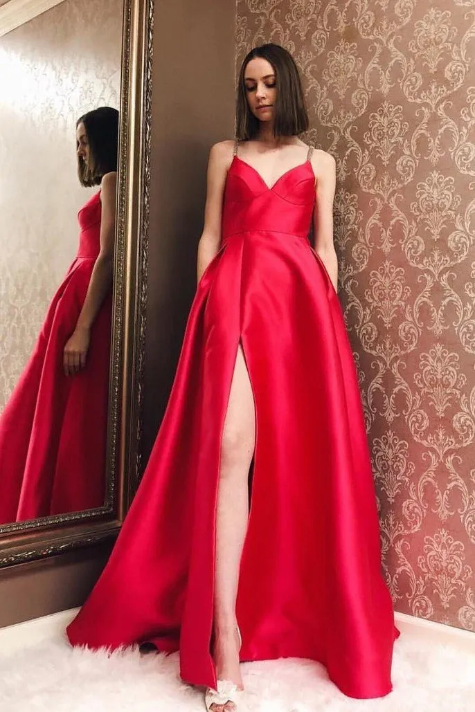 Satin Red Evening Dress Formal Wear Gown with Double Straps