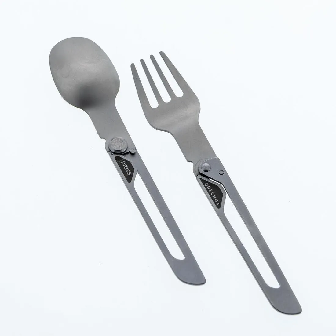 Set 2 couverts pliants 900, fourchette   cuillère, en acier inox pour le camping