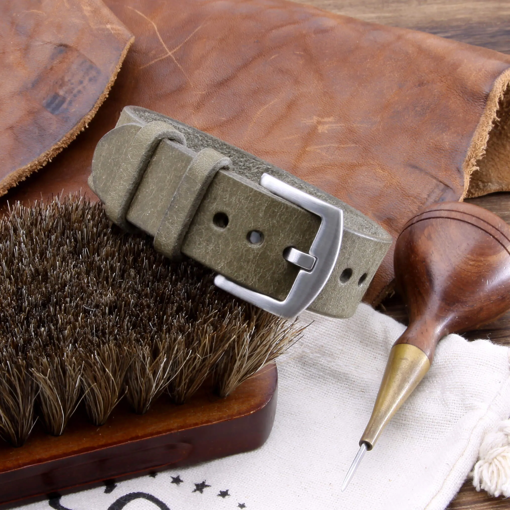 Single Pass Leather Watch Strap, 2-Keeper Rustic Olive