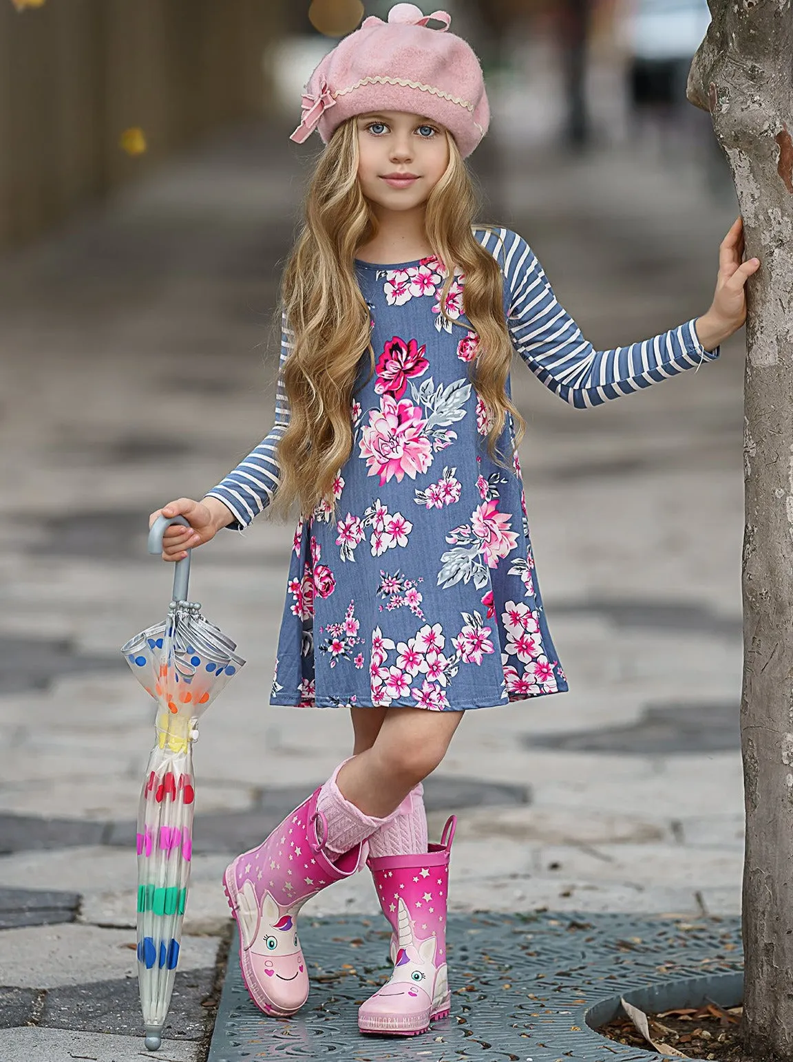Soft and Sweet Striped Sleeve Floral Dress