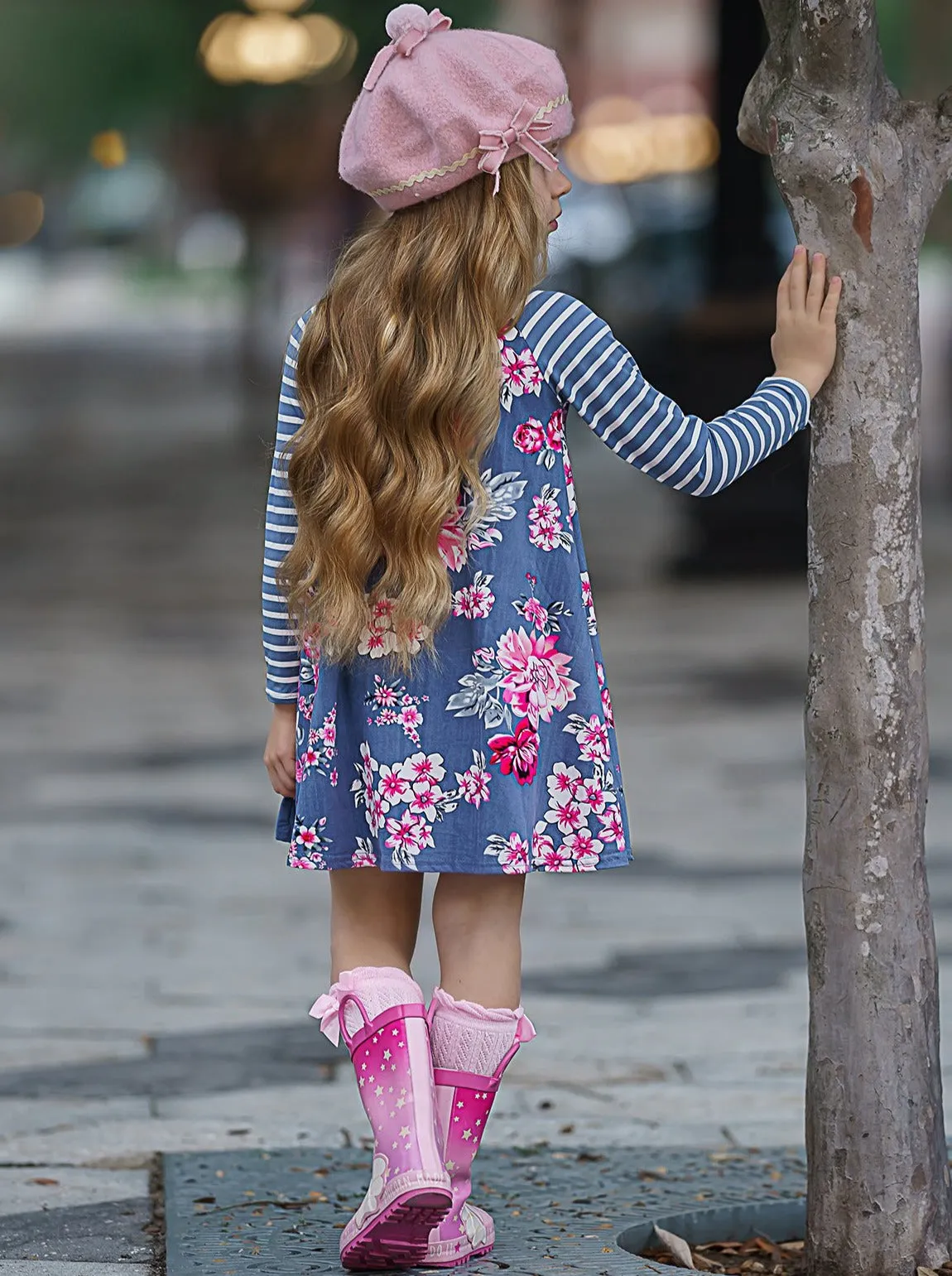 Soft and Sweet Striped Sleeve Floral Dress