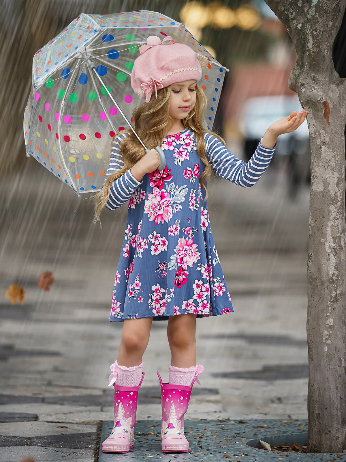Soft and Sweet Striped Sleeve Floral Dress