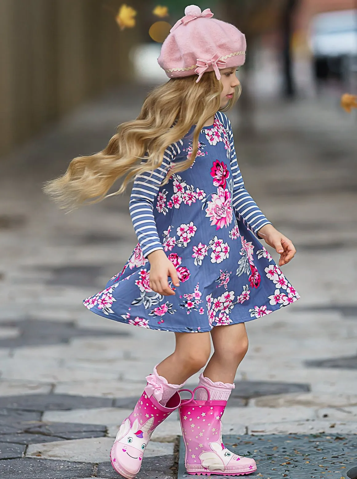 Soft and Sweet Striped Sleeve Floral Dress
