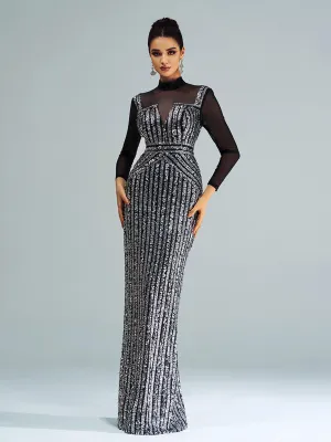 Stand Collar Sequin Panel Long Sleeve Prom Dress GM00620