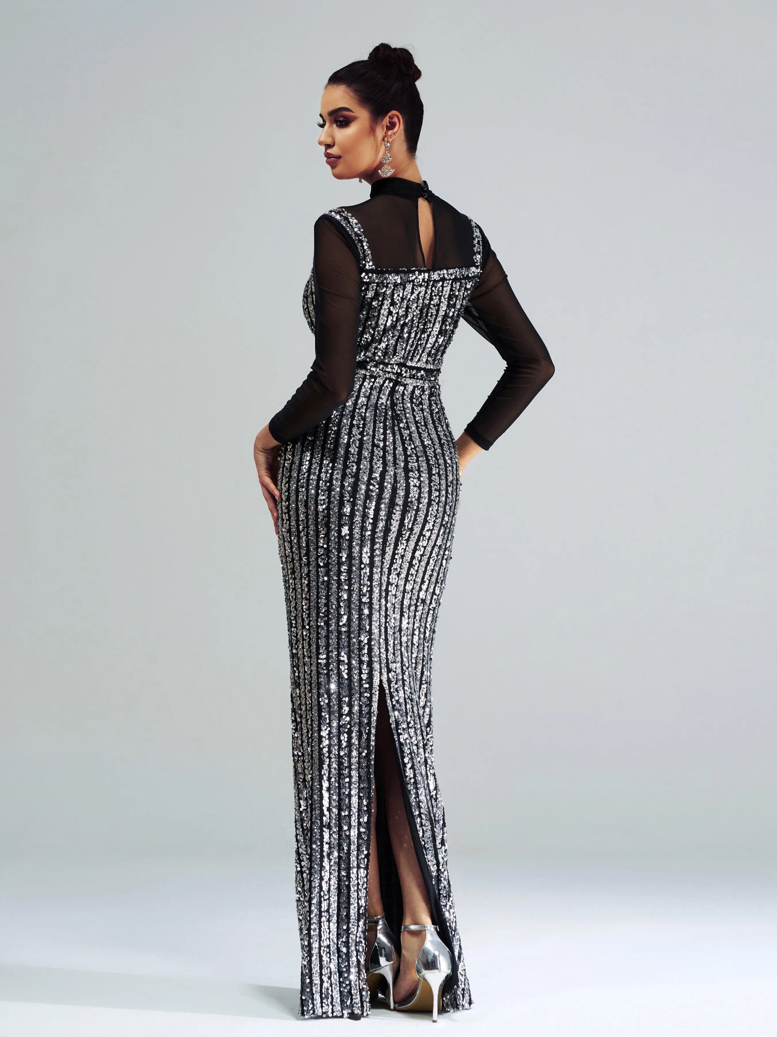 Stand Collar Sequin Panel Long Sleeve Prom Dress GM00620