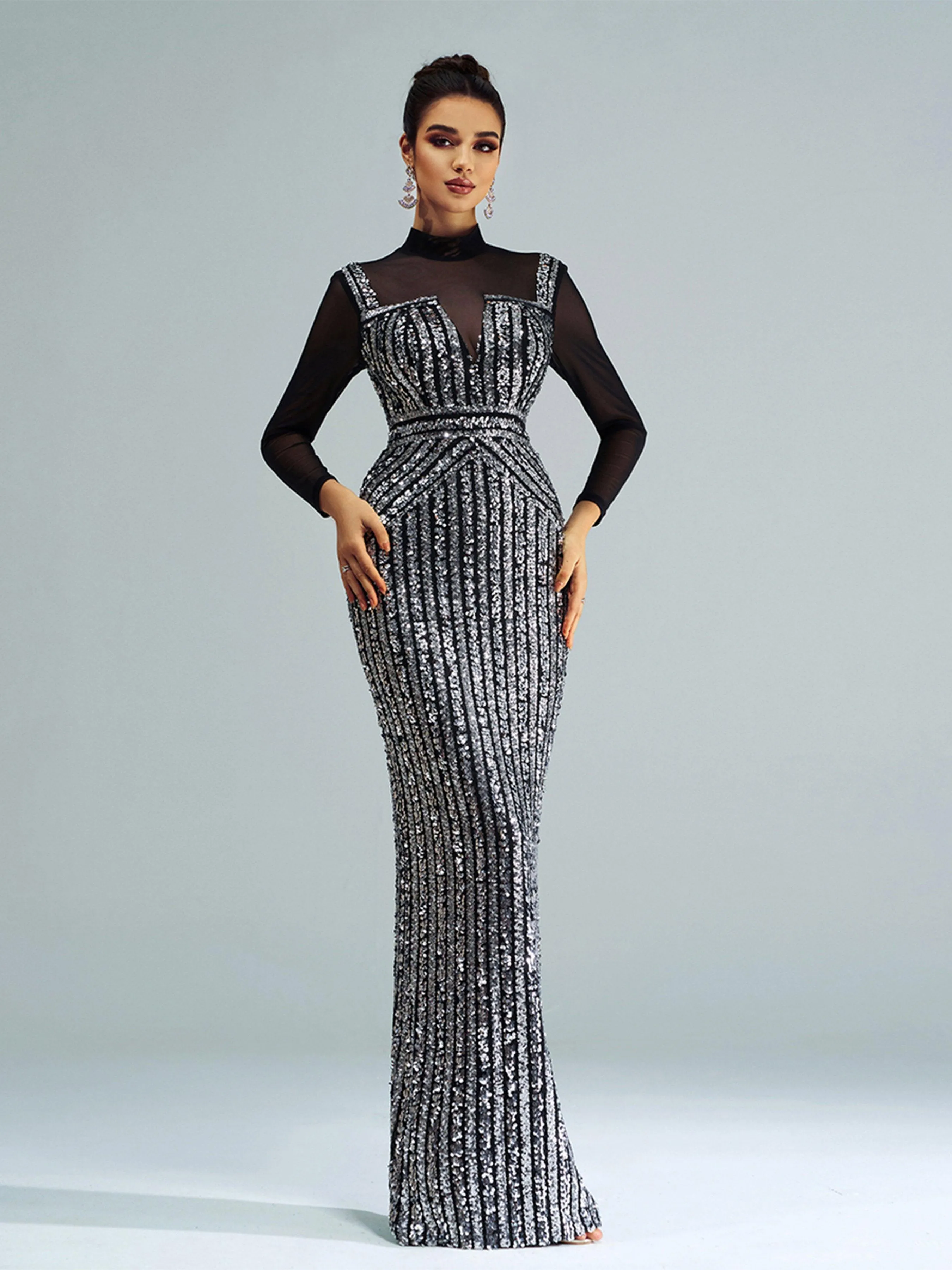 Stand Collar Sequin Panel Long Sleeve Prom Dress GM00620