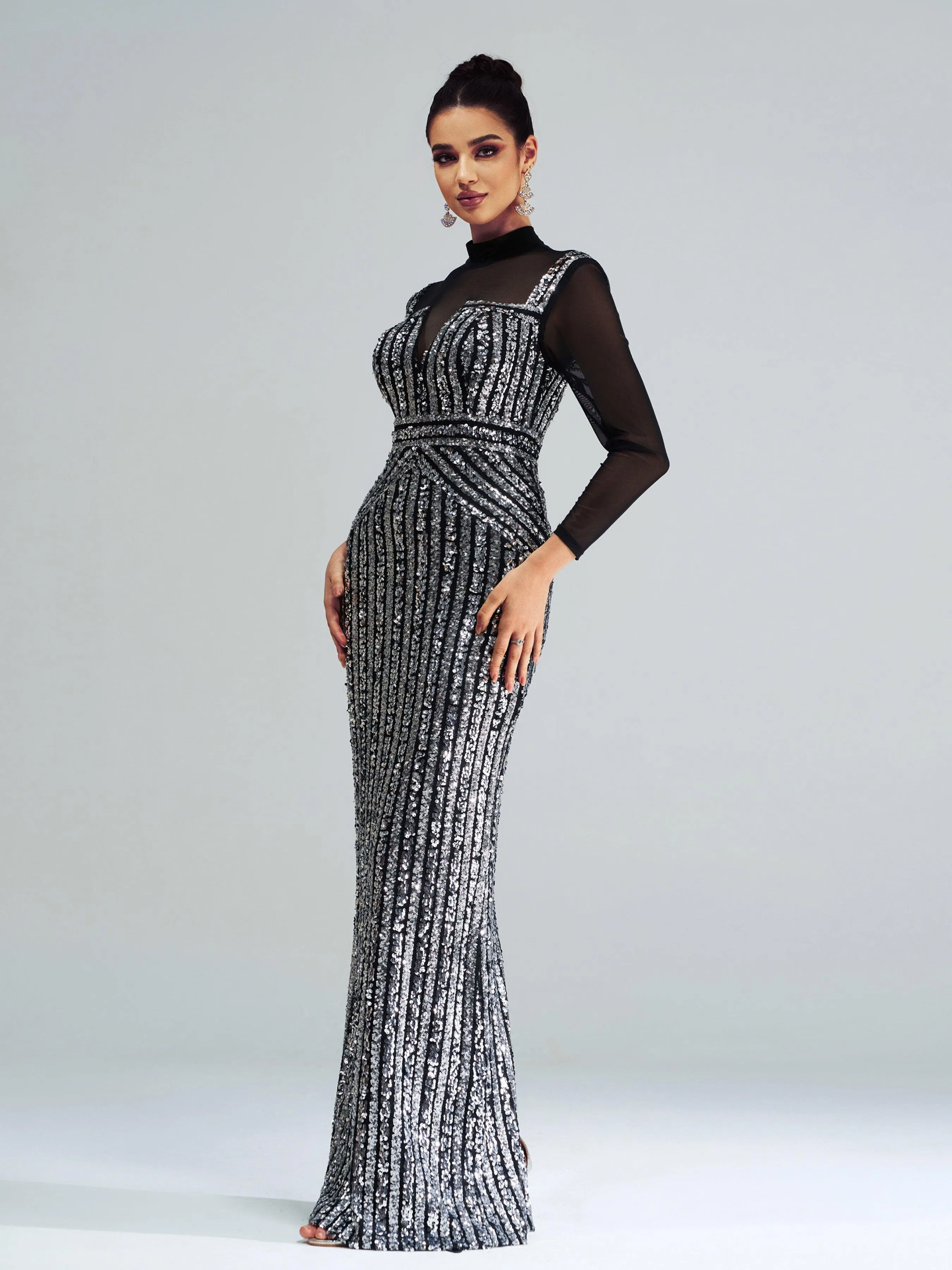 Stand Collar Sequin Panel Long Sleeve Prom Dress GM00620