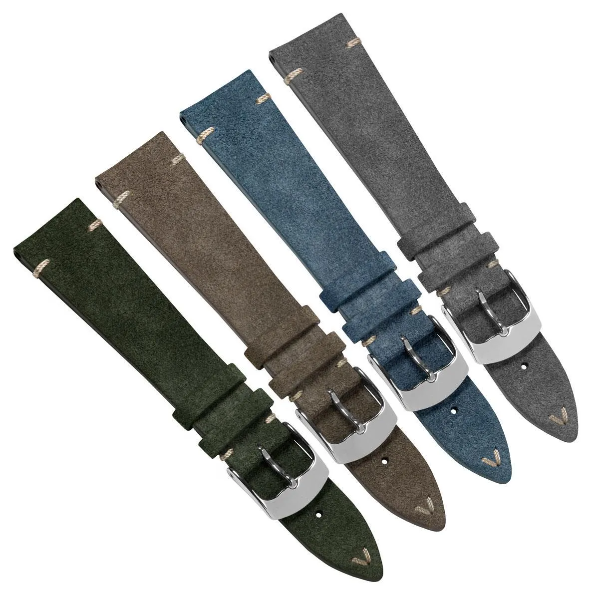 Stanway Vintage V-Stitch Genuine Italian Suede Watch Strap - Silver Grey