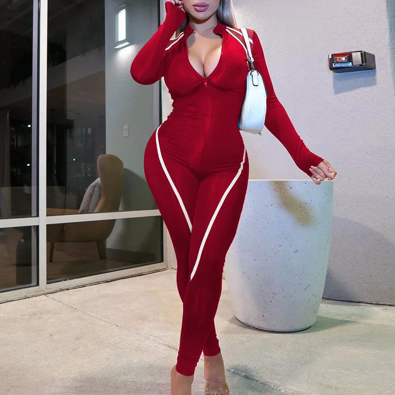 Strip Zipper Design Long Sleeve Jumpsuit