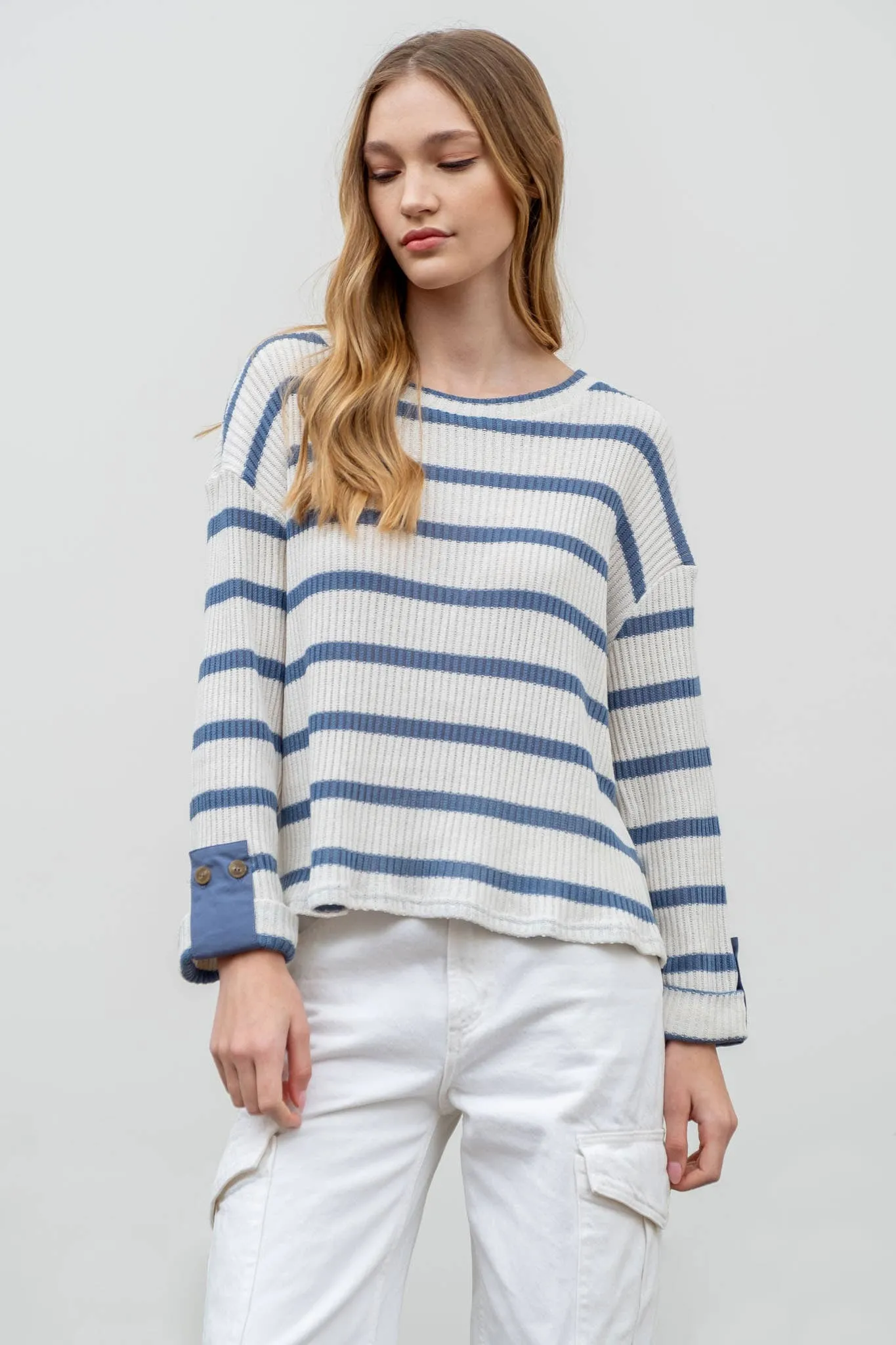 STRIPED 3/4 FOLDED SLEEVE KNIT TOP