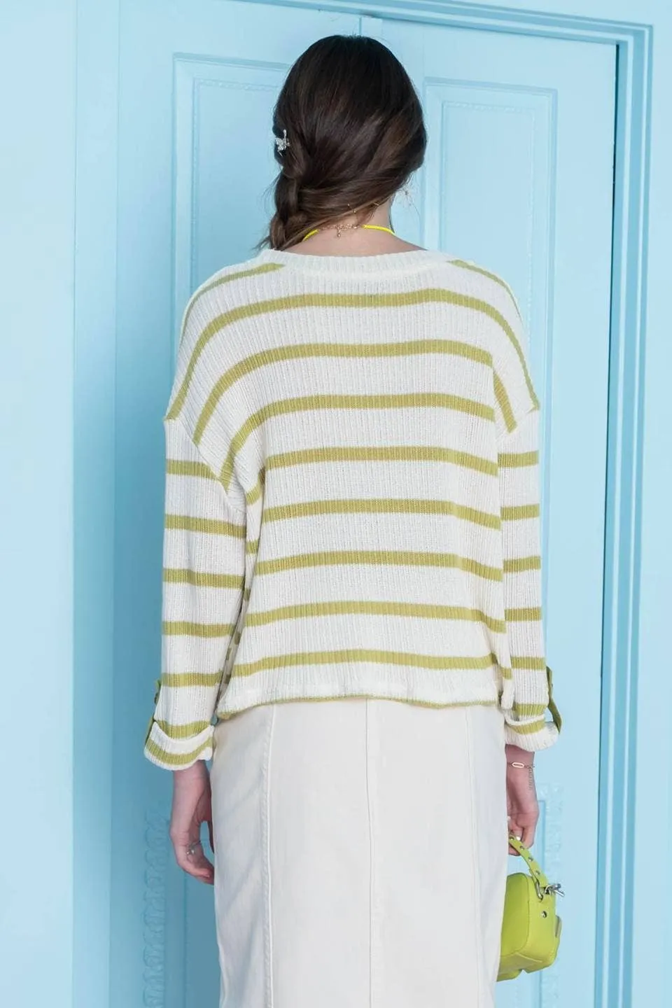 STRIPED 3/4 FOLDED SLEEVE KNIT TOP