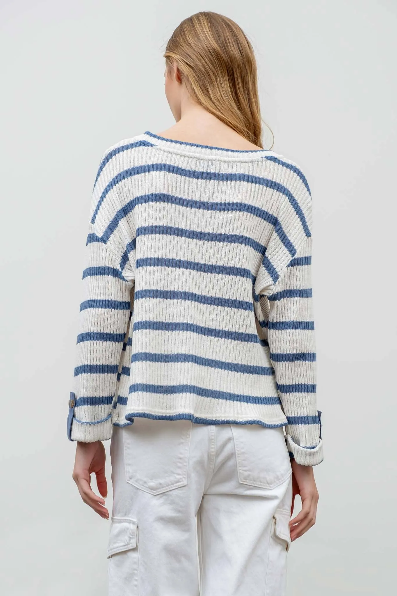 STRIPED 3/4 FOLDED SLEEVE KNIT TOP