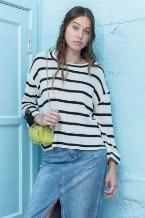 STRIPED 3/4 FOLDED SLEEVE KNIT TOP
