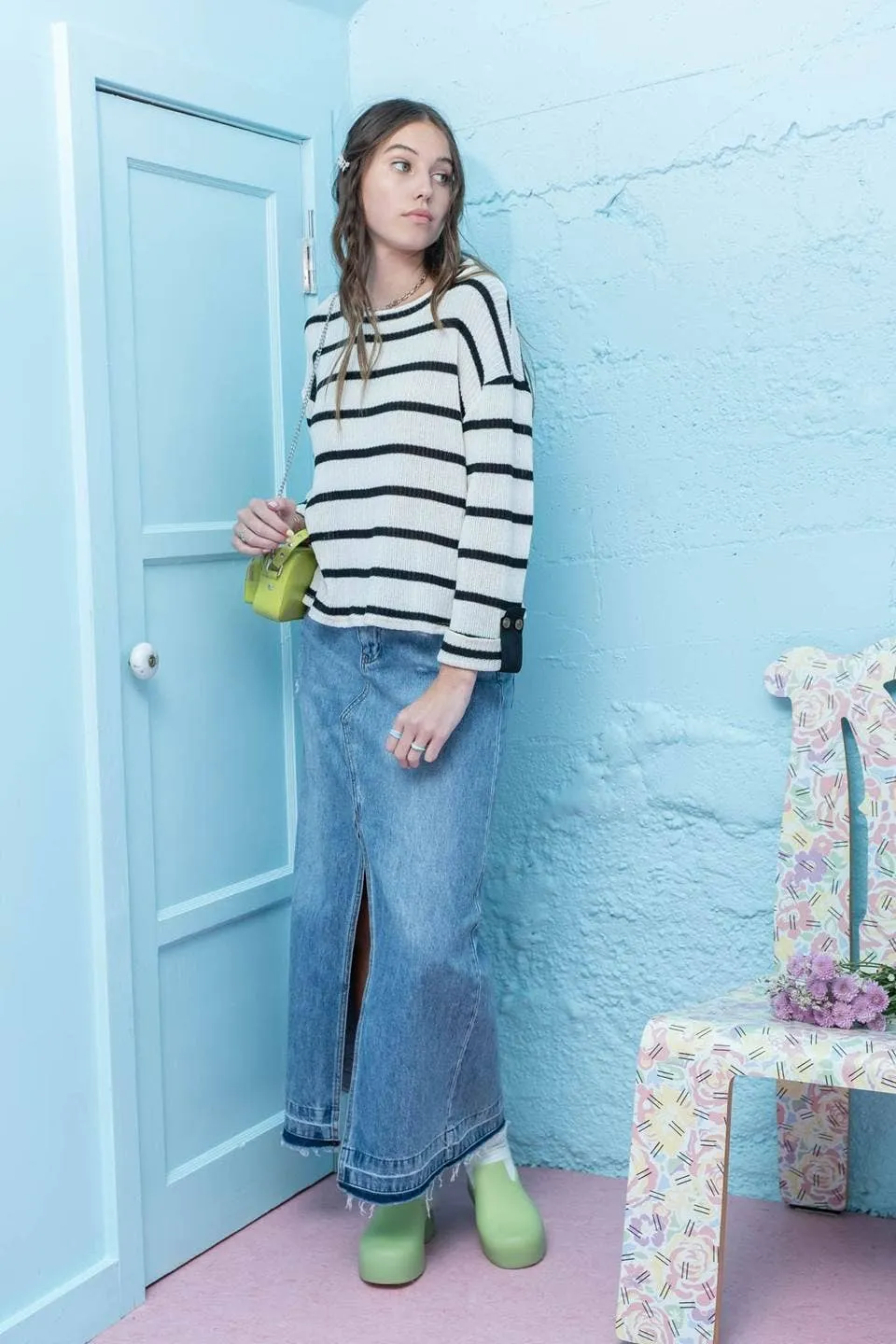 STRIPED 3/4 FOLDED SLEEVE KNIT TOP