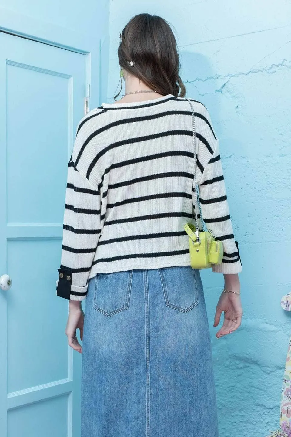 STRIPED 3/4 FOLDED SLEEVE KNIT TOP