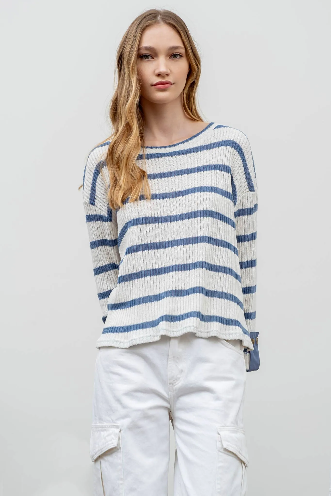 STRIPED 3/4 FOLDED SLEEVE KNIT TOP