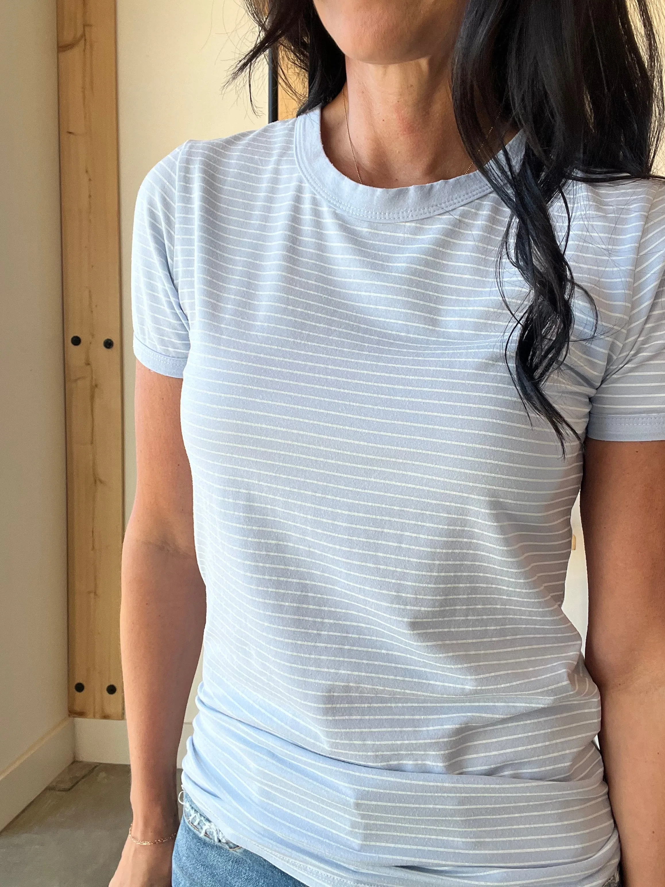 Striped Crewneck Tee in Sky Blue