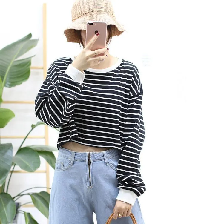 Striped Long Sleeve Crop Shirt