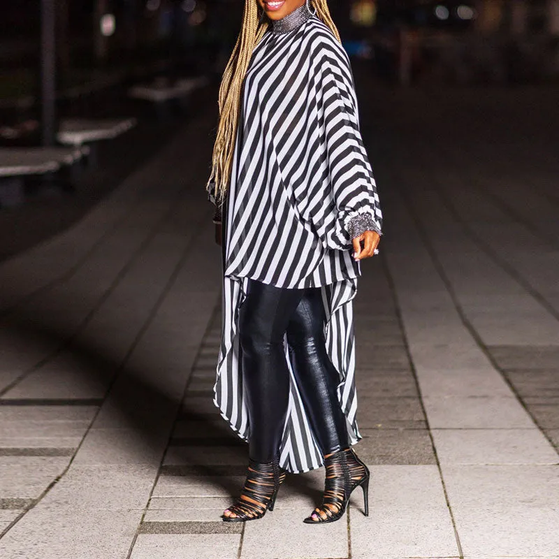 Striped Pattern Long Sleeve Asymmetrical Shirt Dress