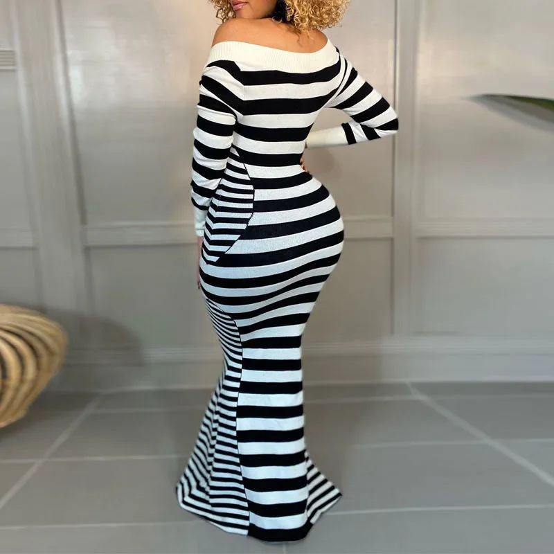 Striped Pattern Long Sleeve Floor-Length Dress
