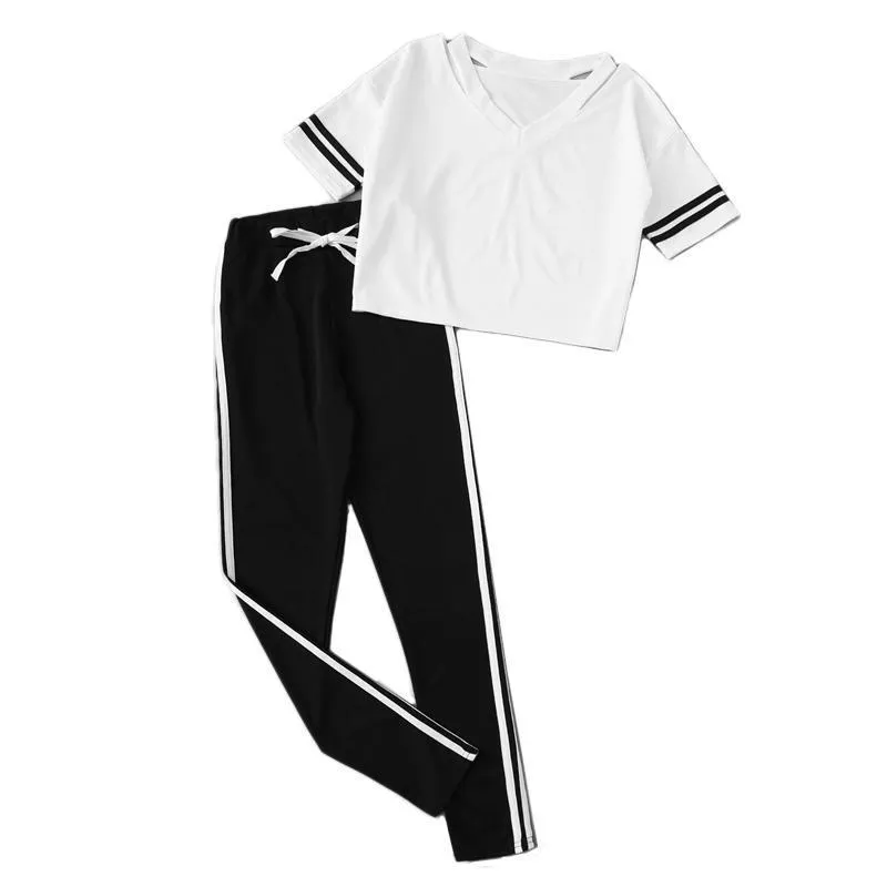 Striped V-Neck T-Shirt & Elastic Waist Pants (2 Piece Set)