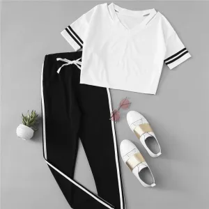 Striped V-Neck T-Shirt & Elastic Waist Pants (2 Piece Set)