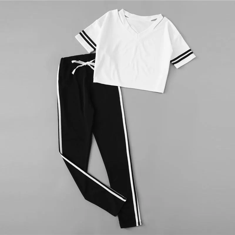 Striped V-Neck T-Shirt & Elastic Waist Pants (2 Piece Set)