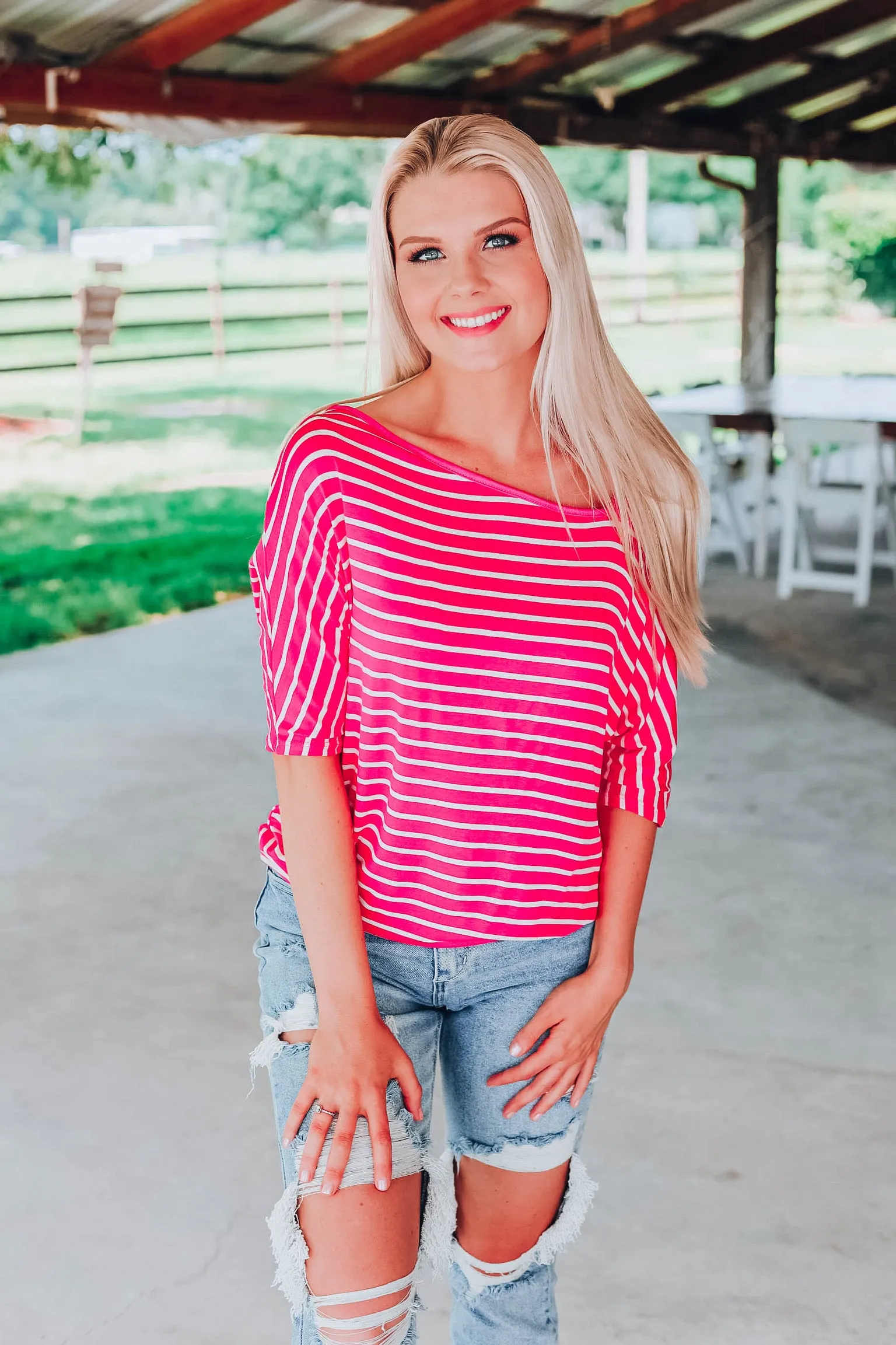 Stunning In Stripes Top - Fuchsia