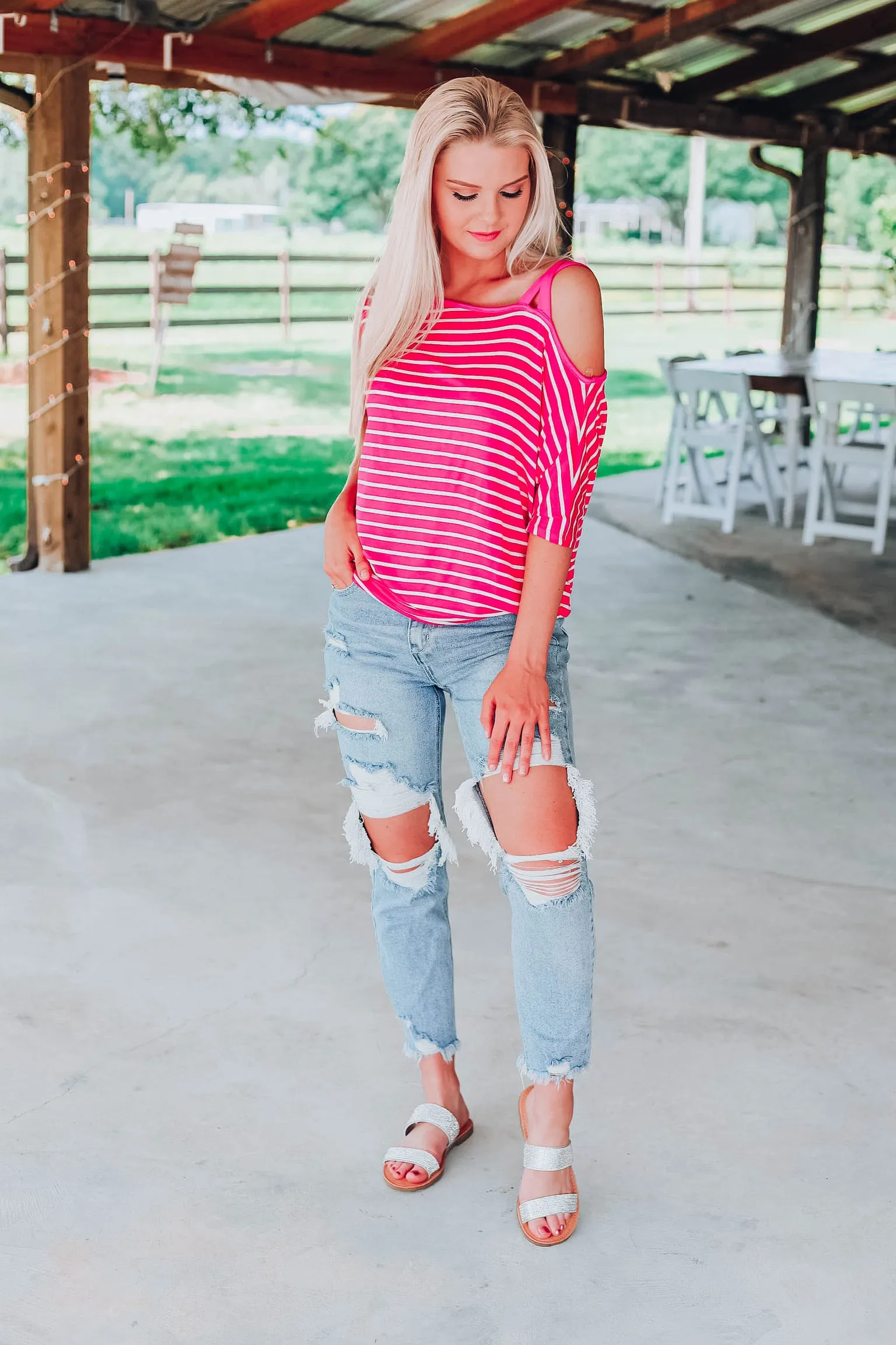 Stunning In Stripes Top - Fuchsia