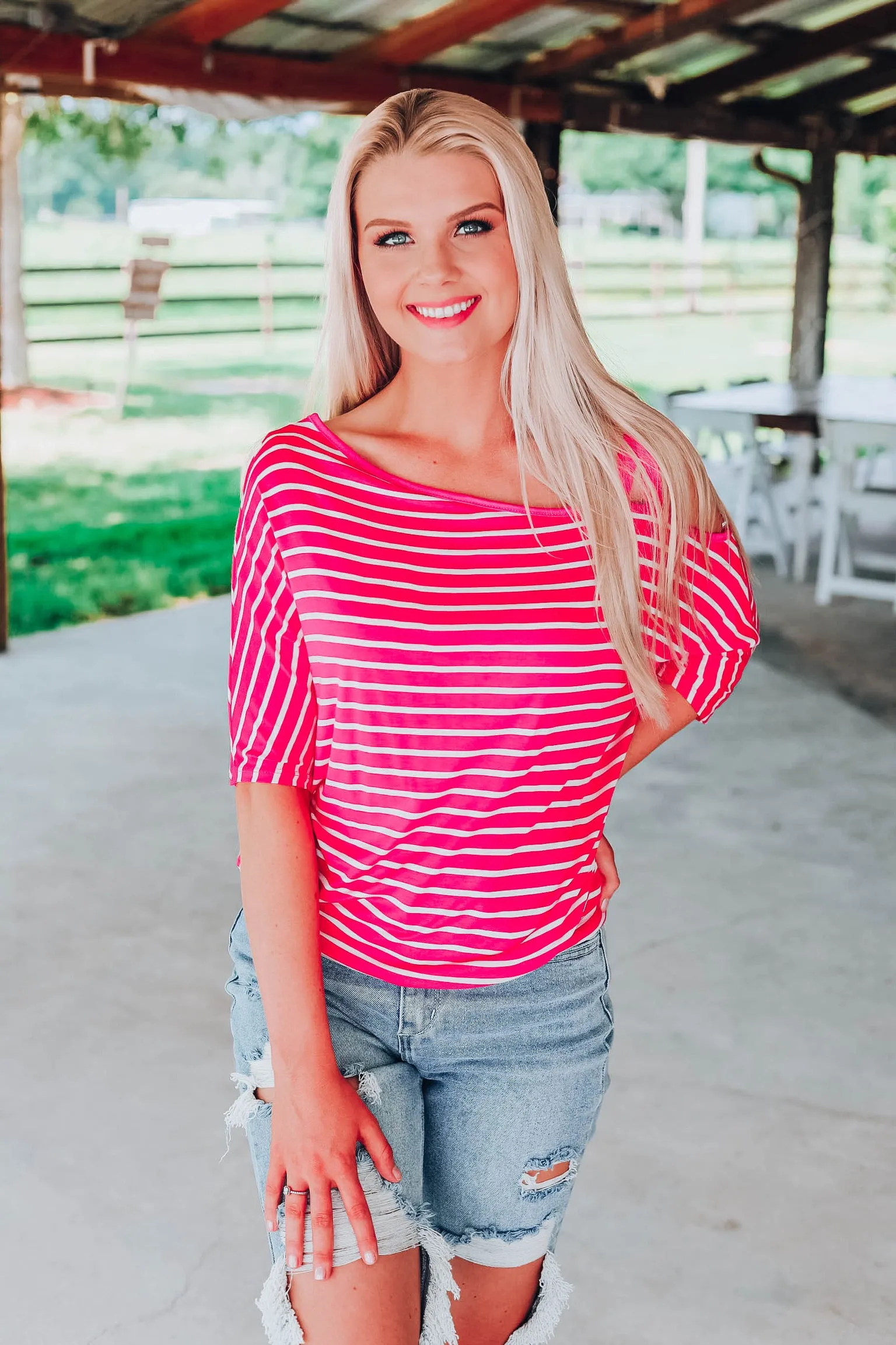 Stunning In Stripes Top - Fuchsia