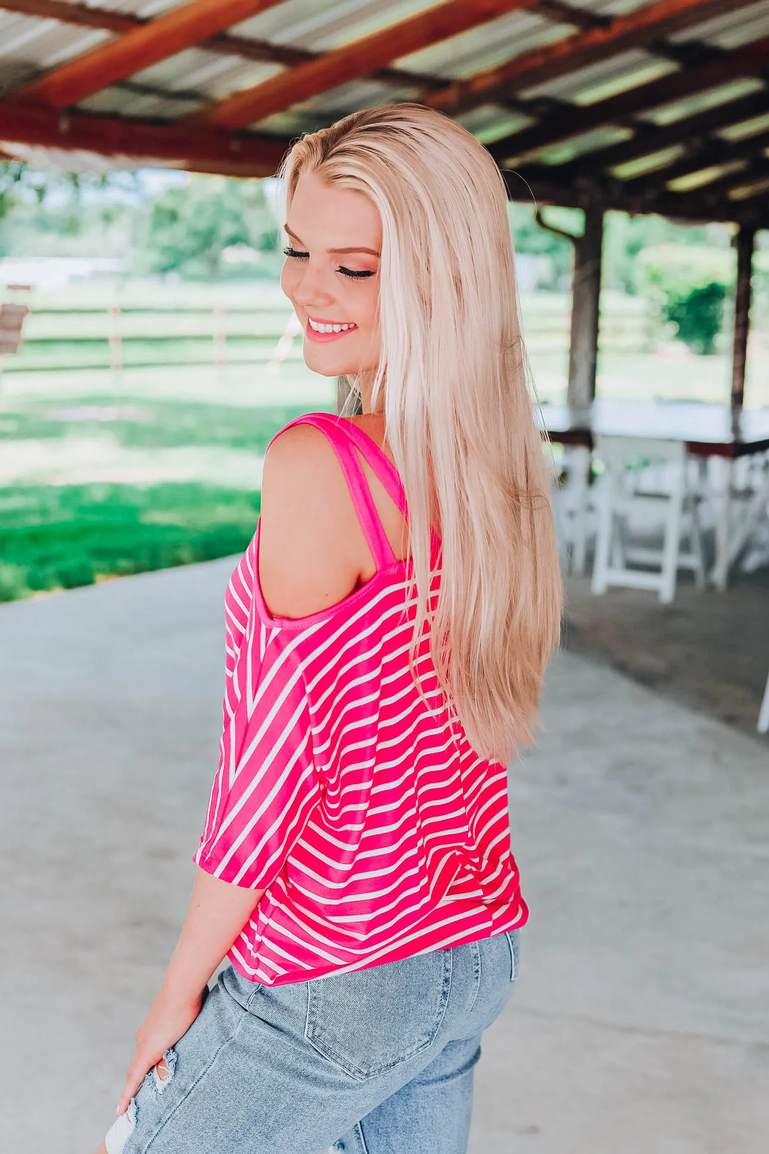 Stunning In Stripes Top - Fuchsia