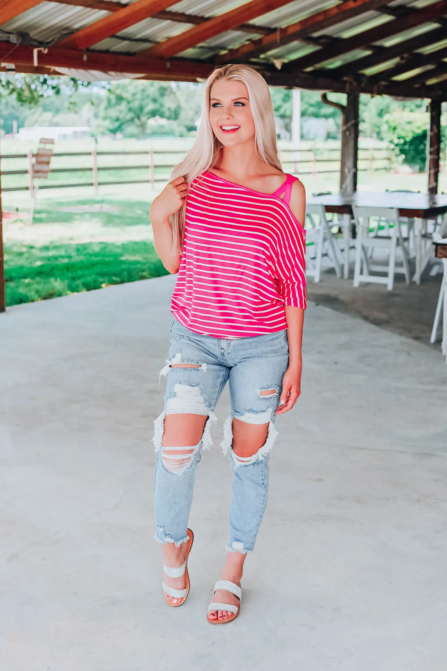 Stunning In Stripes Top - Fuchsia