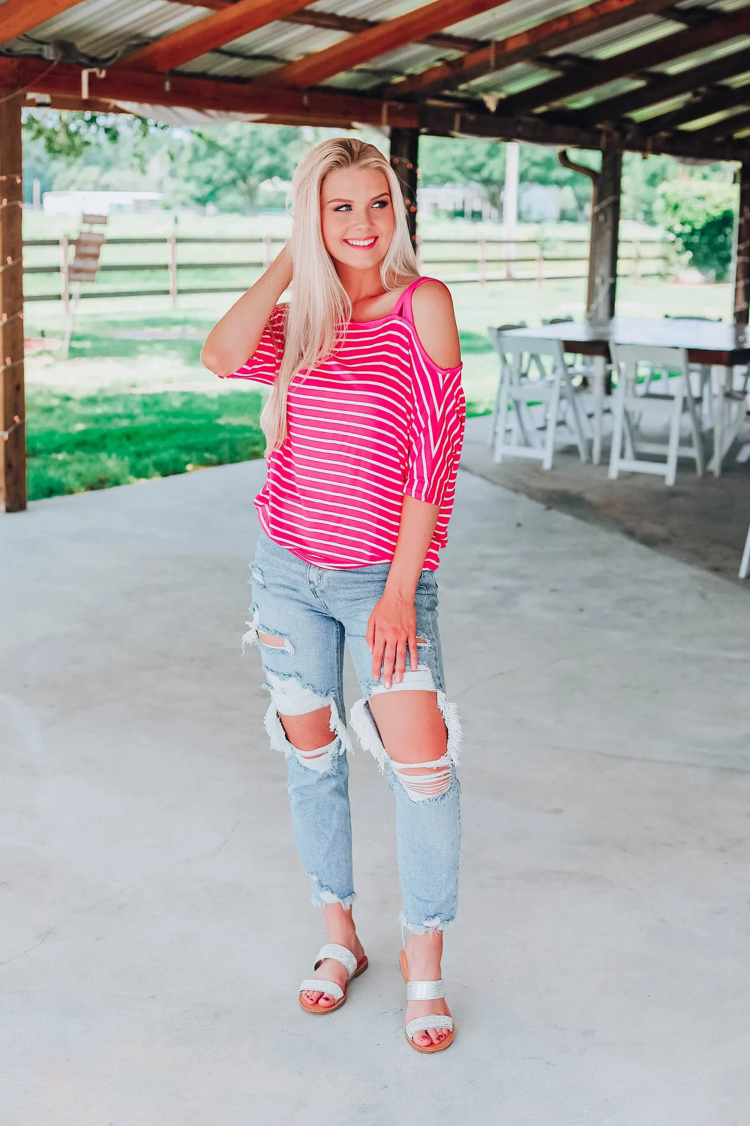 Stunning In Stripes Top - Fuchsia