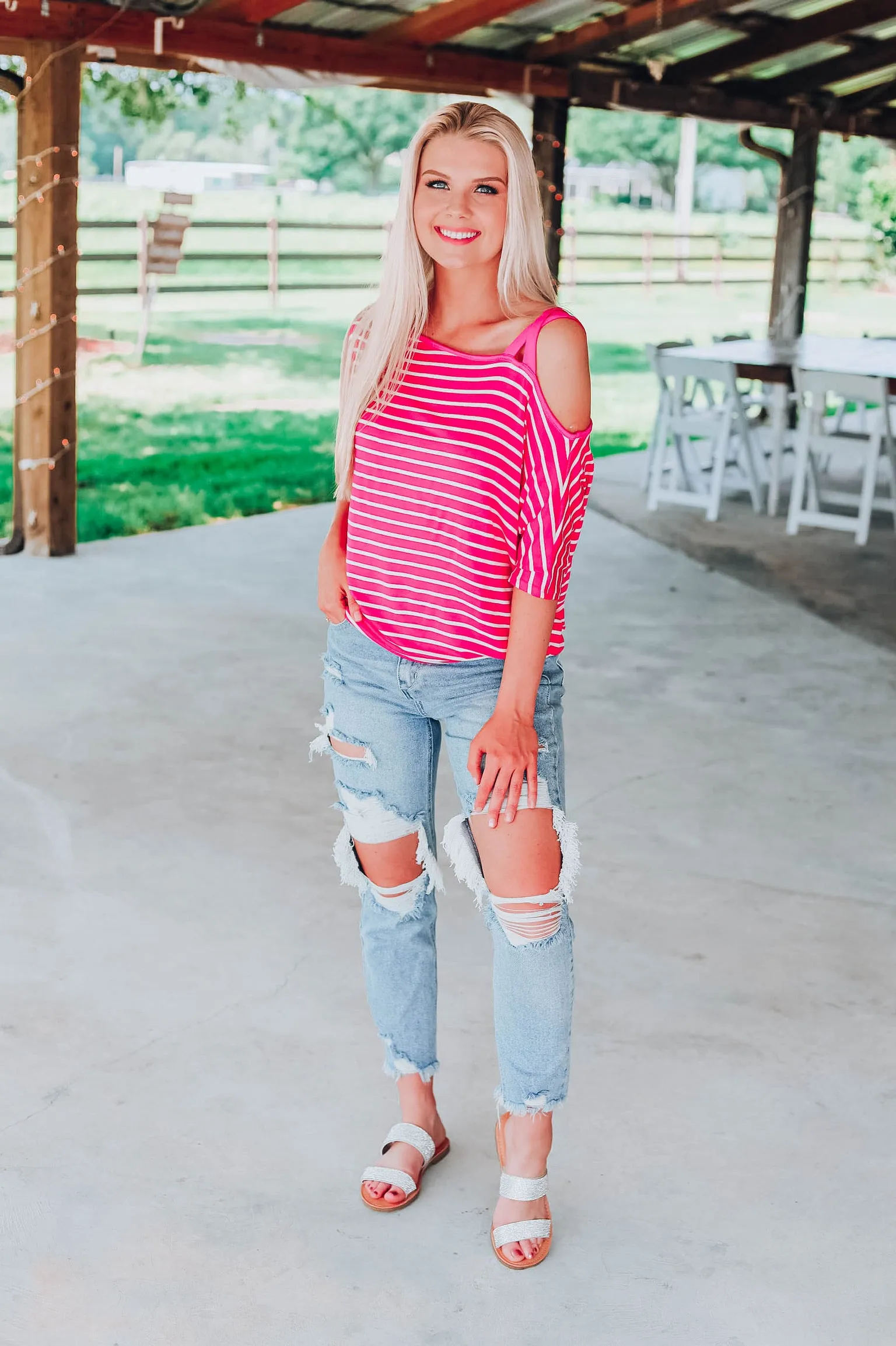 Stunning In Stripes Top - Fuchsia