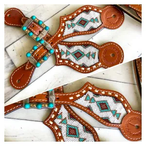 Teal and White Beaded Leather Spur Straps