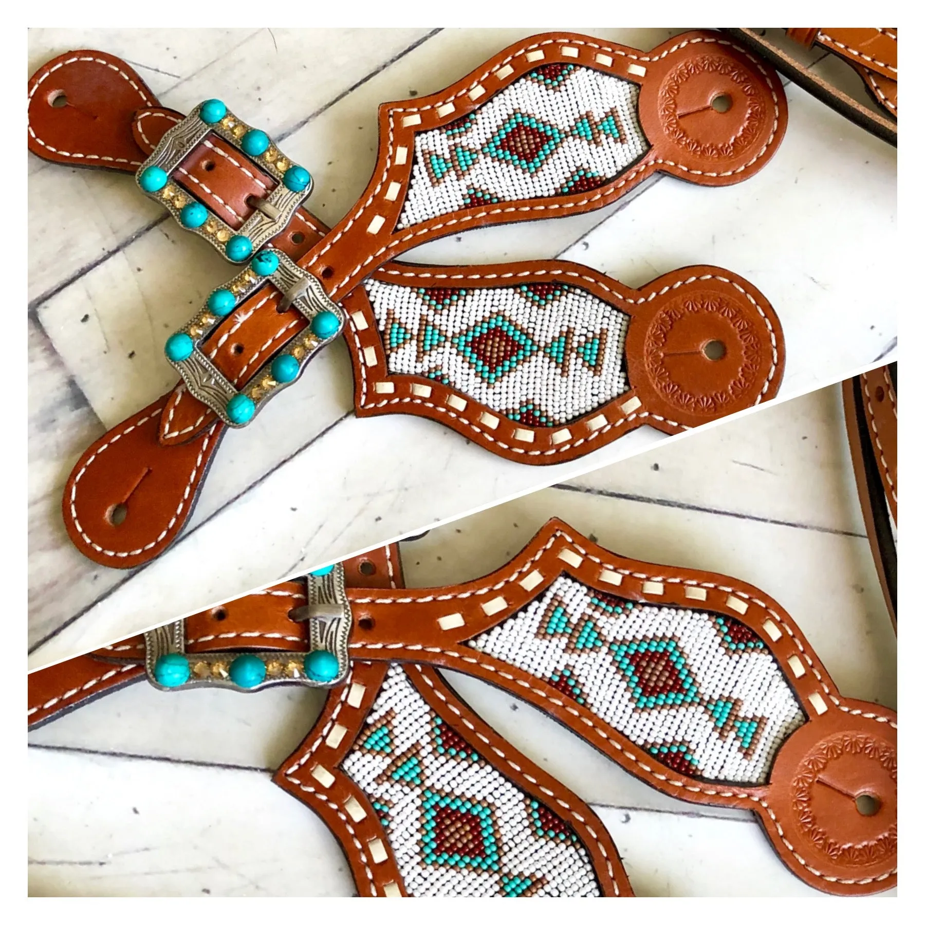Teal and White Beaded Leather Spur Straps