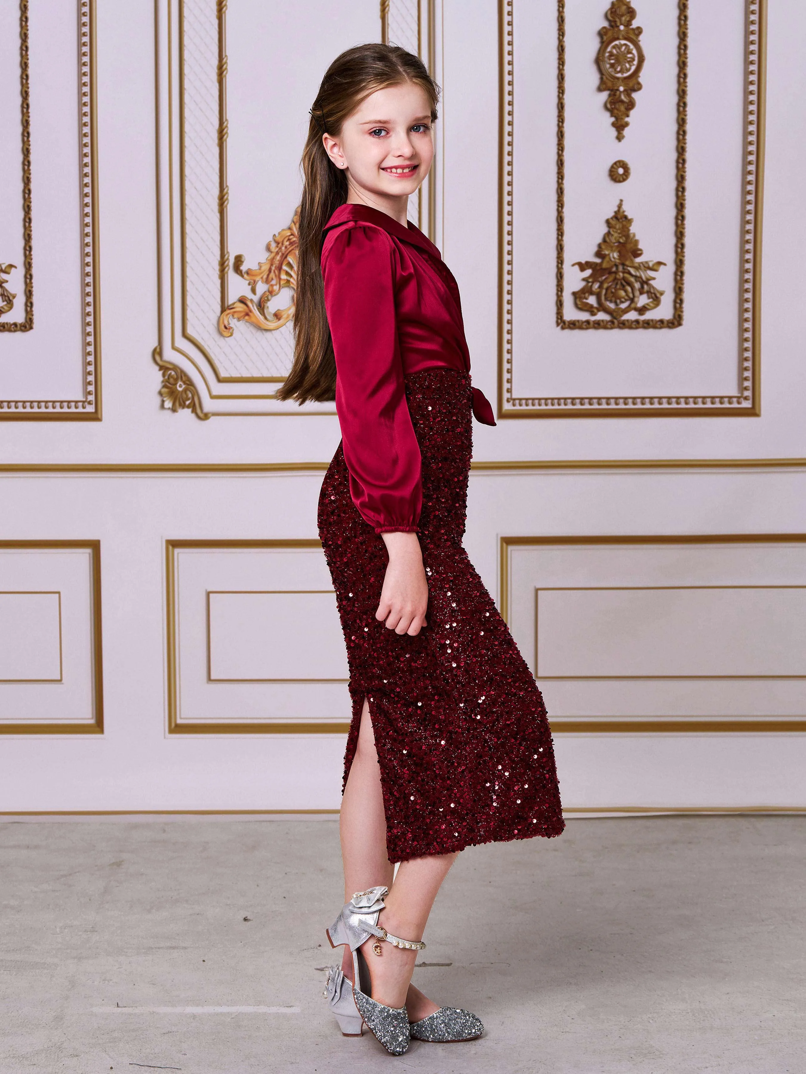 Teen Sequin Panel Long Sleeve Formal Dress CM02081