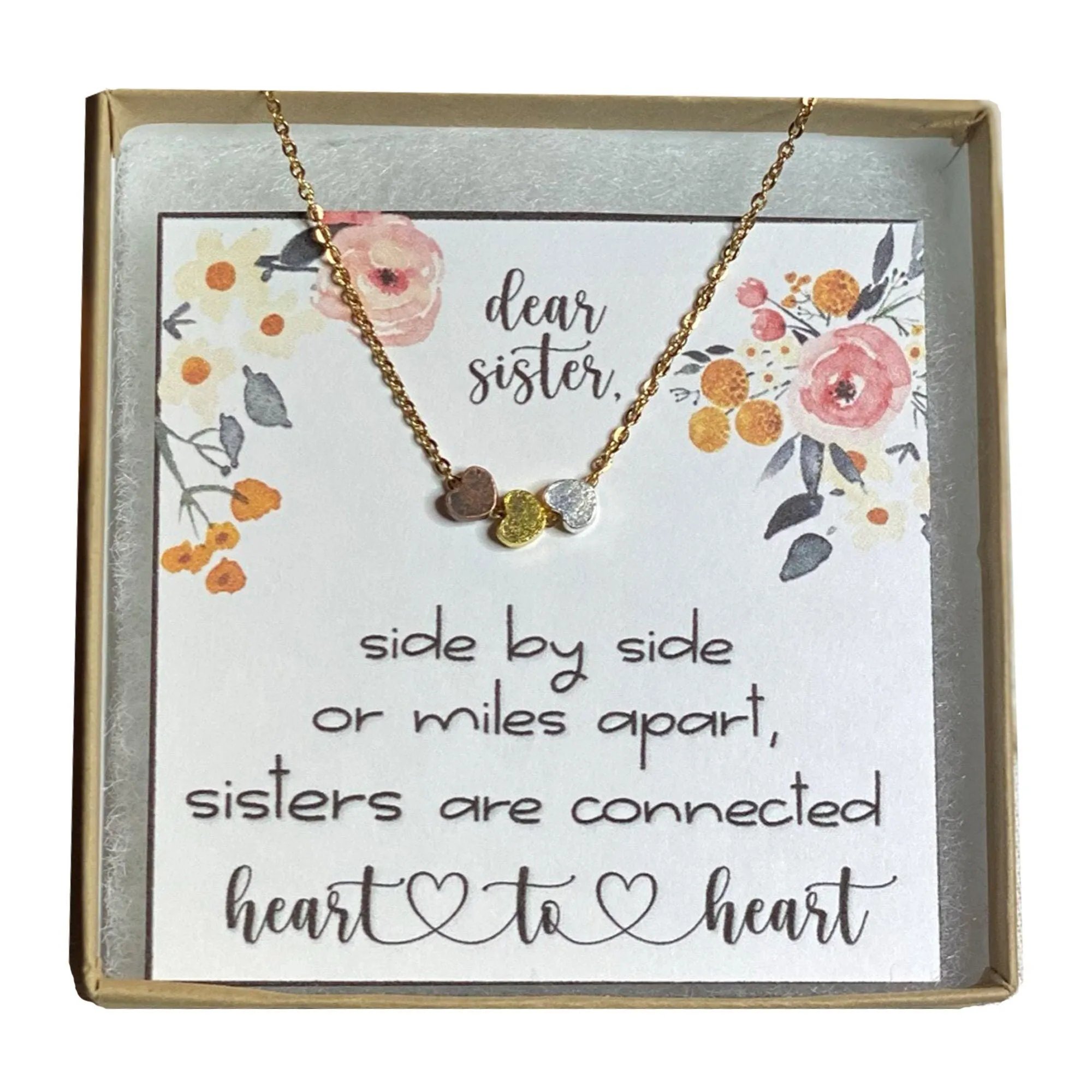 Triple heart necklace, Long distance sister gifts, Sister birthday present, Unique birthday gifts for sister, Long distance family gifts