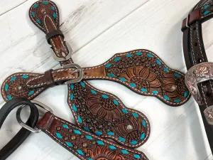 Turquoise Buckstitch Dark Sunflower Tooled Leather Spur Straps