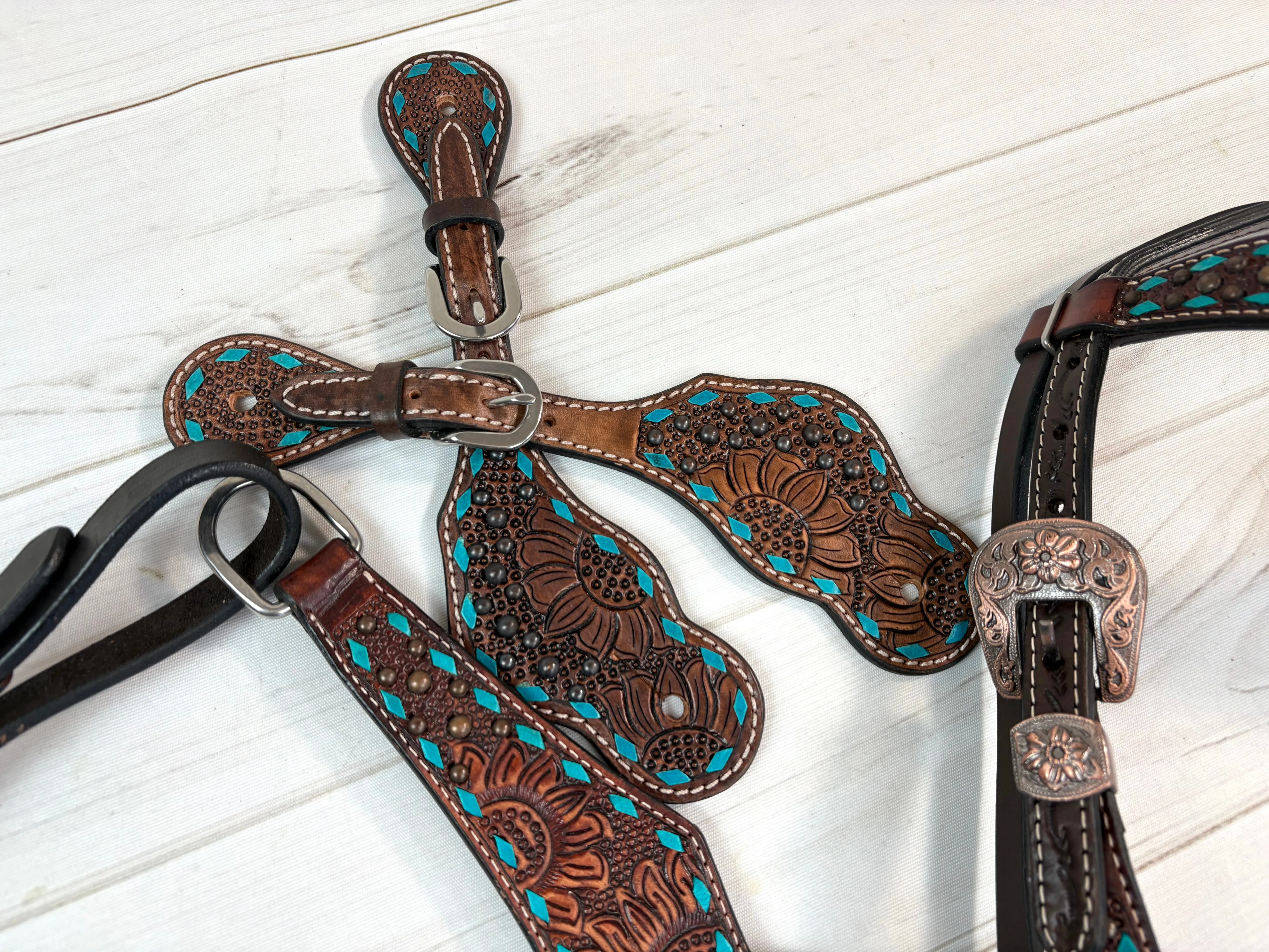 Turquoise Buckstitch Dark Sunflower Tooled Leather Spur Straps