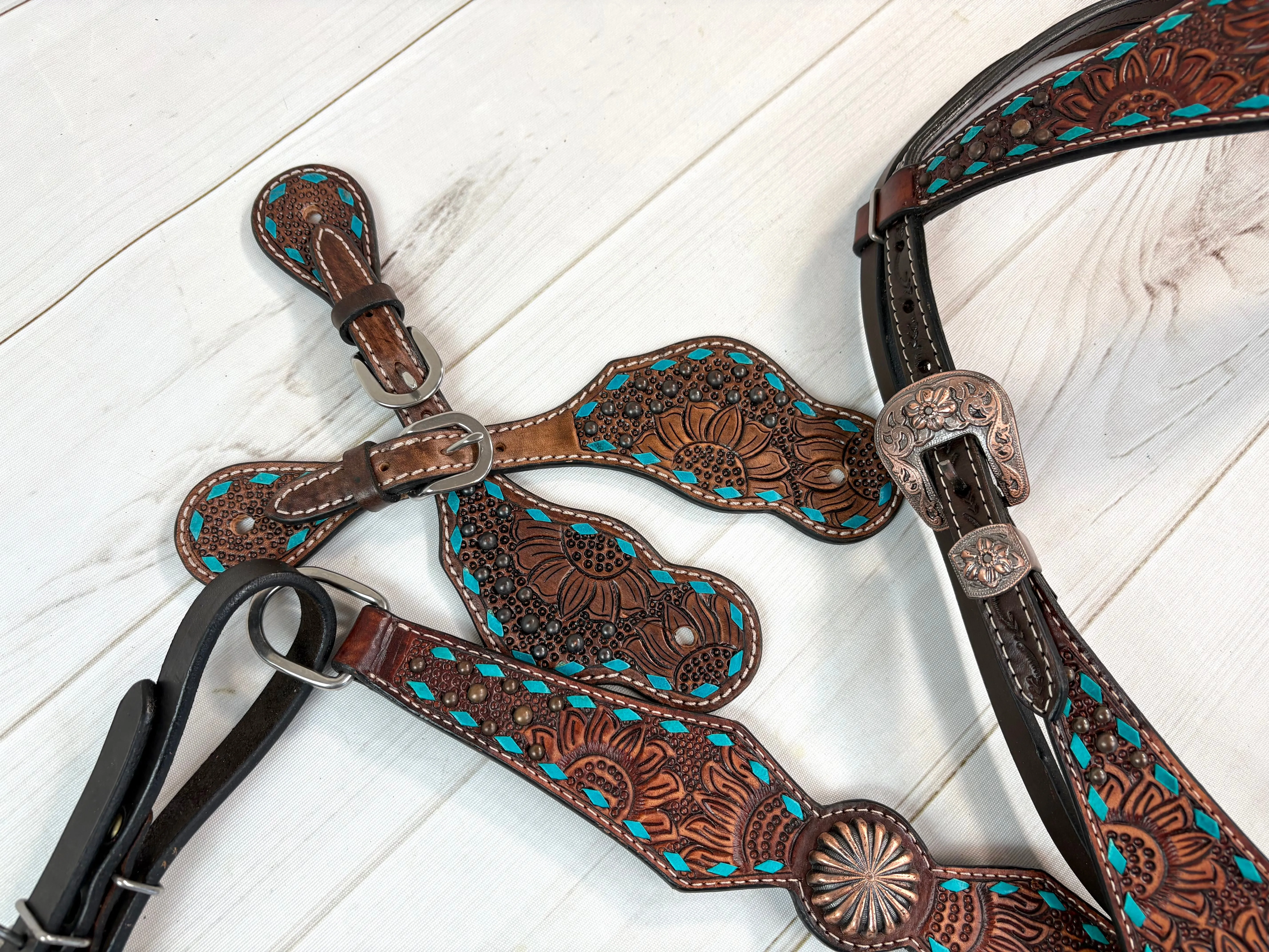 Turquoise Buckstitch Dark Sunflower Tooled Leather Spur Straps